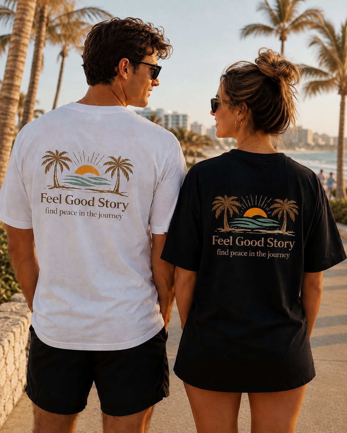 Couple wearing Feel Good Story graphic tees at the beach