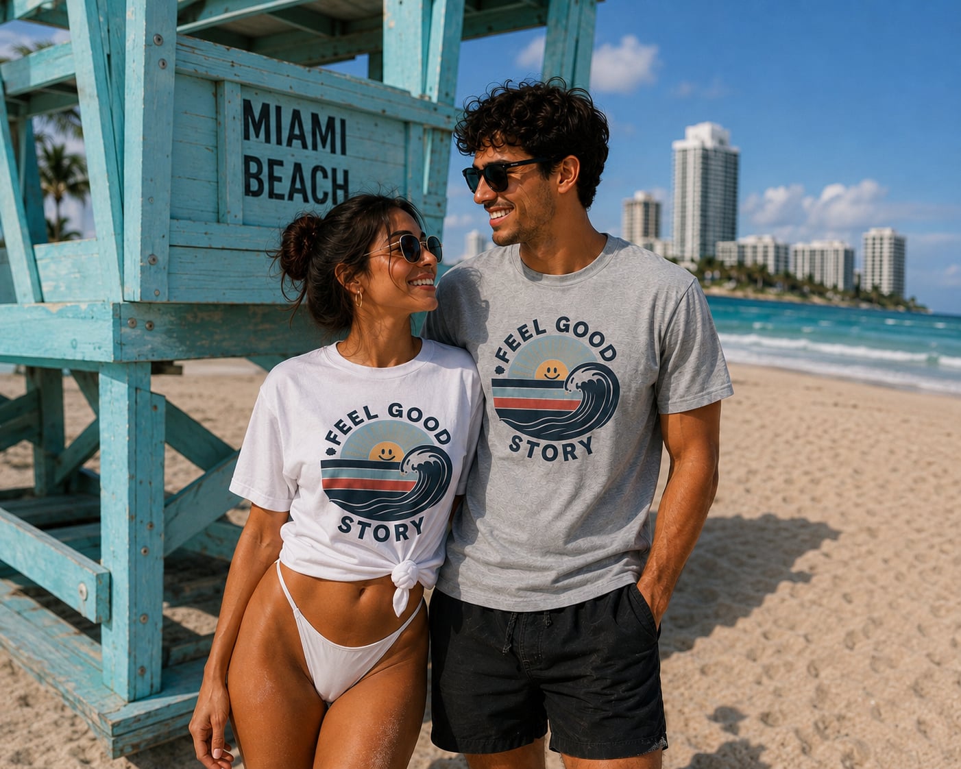 Couple at Miami Beach lifeguard tower wearing Feel Good Story