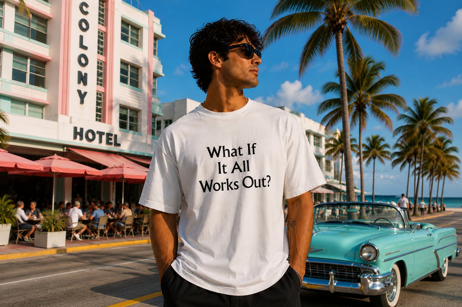 Man wearing Feel Good Story graphic tee at Miami beach